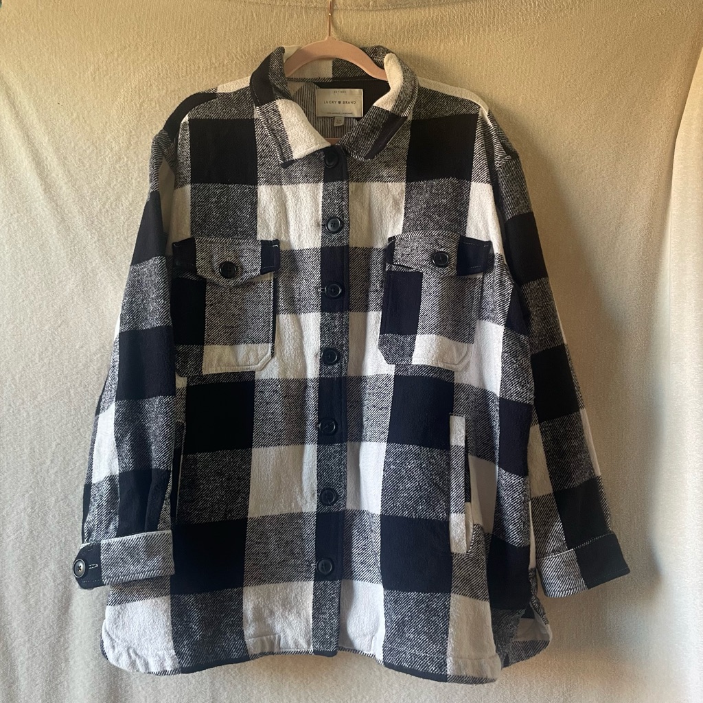 Lucky Brand Buffalo Plaid Shacket Women Large Black White Oversize Shirt Jacket